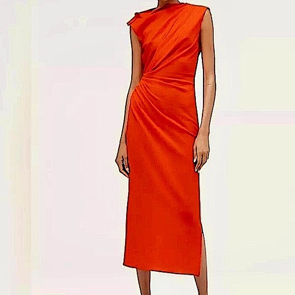 Narciso Rodriguez Dresses & Skirts - Narciso Rodriguez For Zara Ruched Bright Orange Red Midi Dress